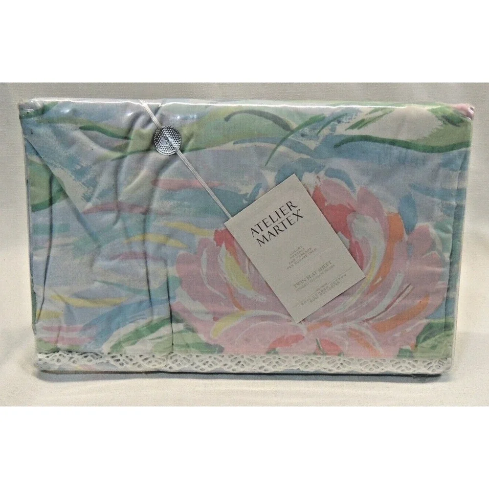 Atelier Martex Twin Flat‎ Sheet Monet's Lilies Floral Pastel Lace Vintage 80s